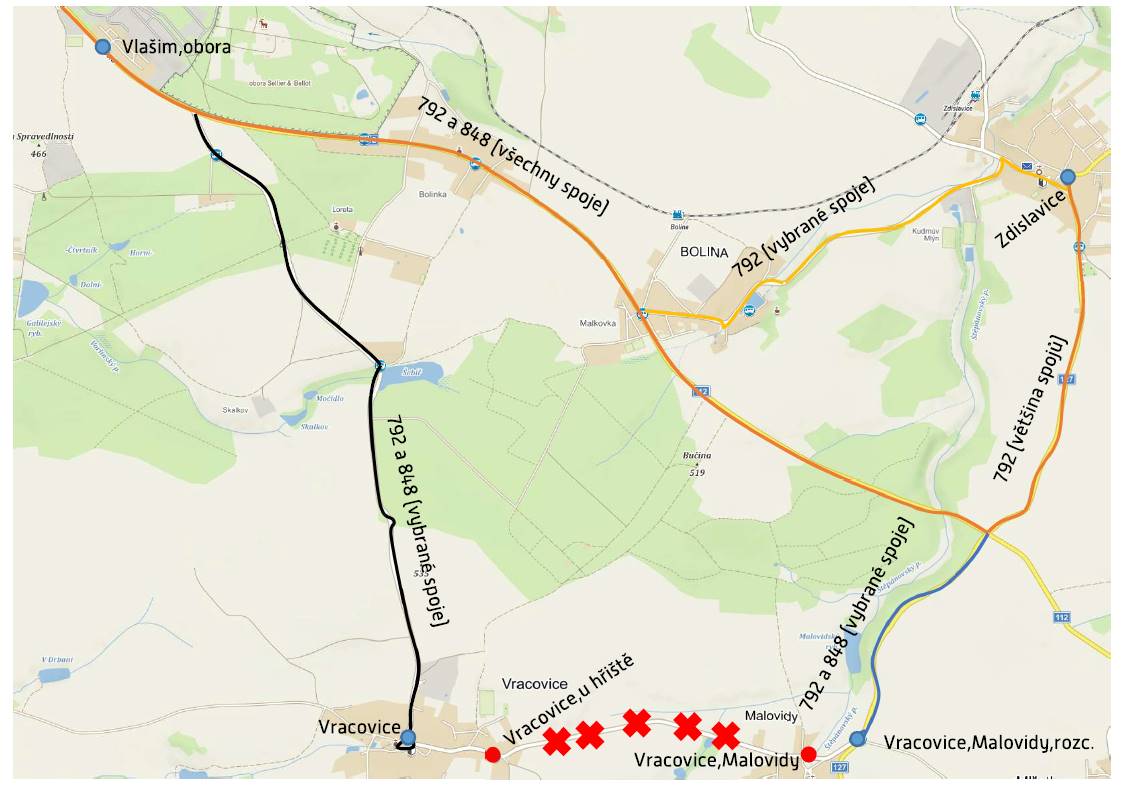 vylukovy jizdni rad linek 792 a 848 z duvodu uzavirky vracovice malovidy mapa