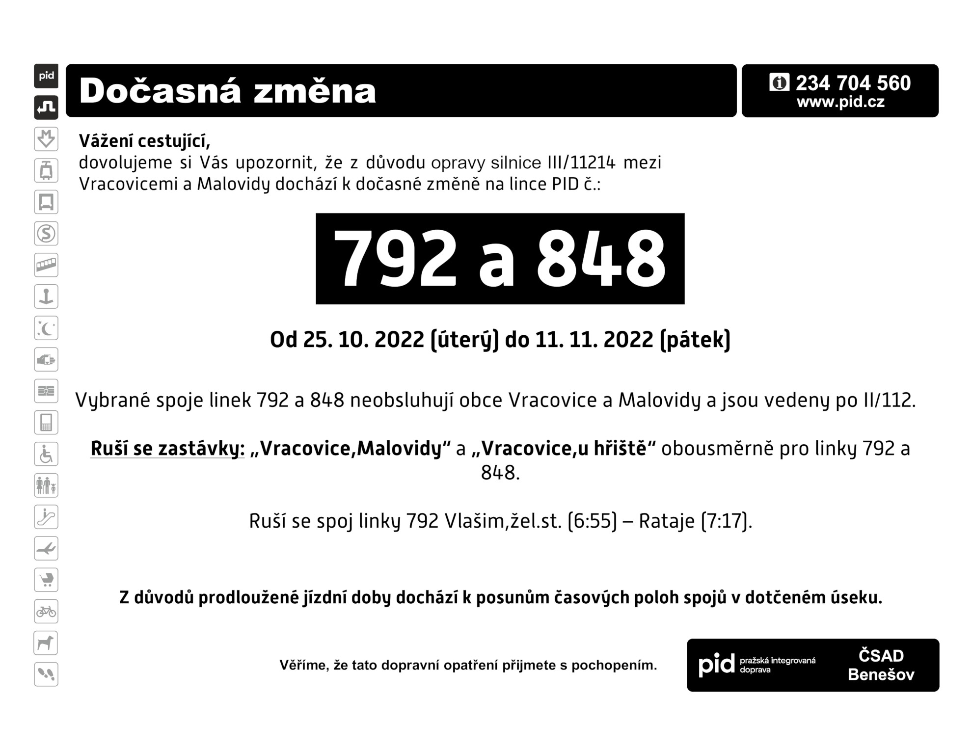 vylukovy jizdni rad linek 792 a 848 z duvodu uzavirky vracovice malovidy vyveska