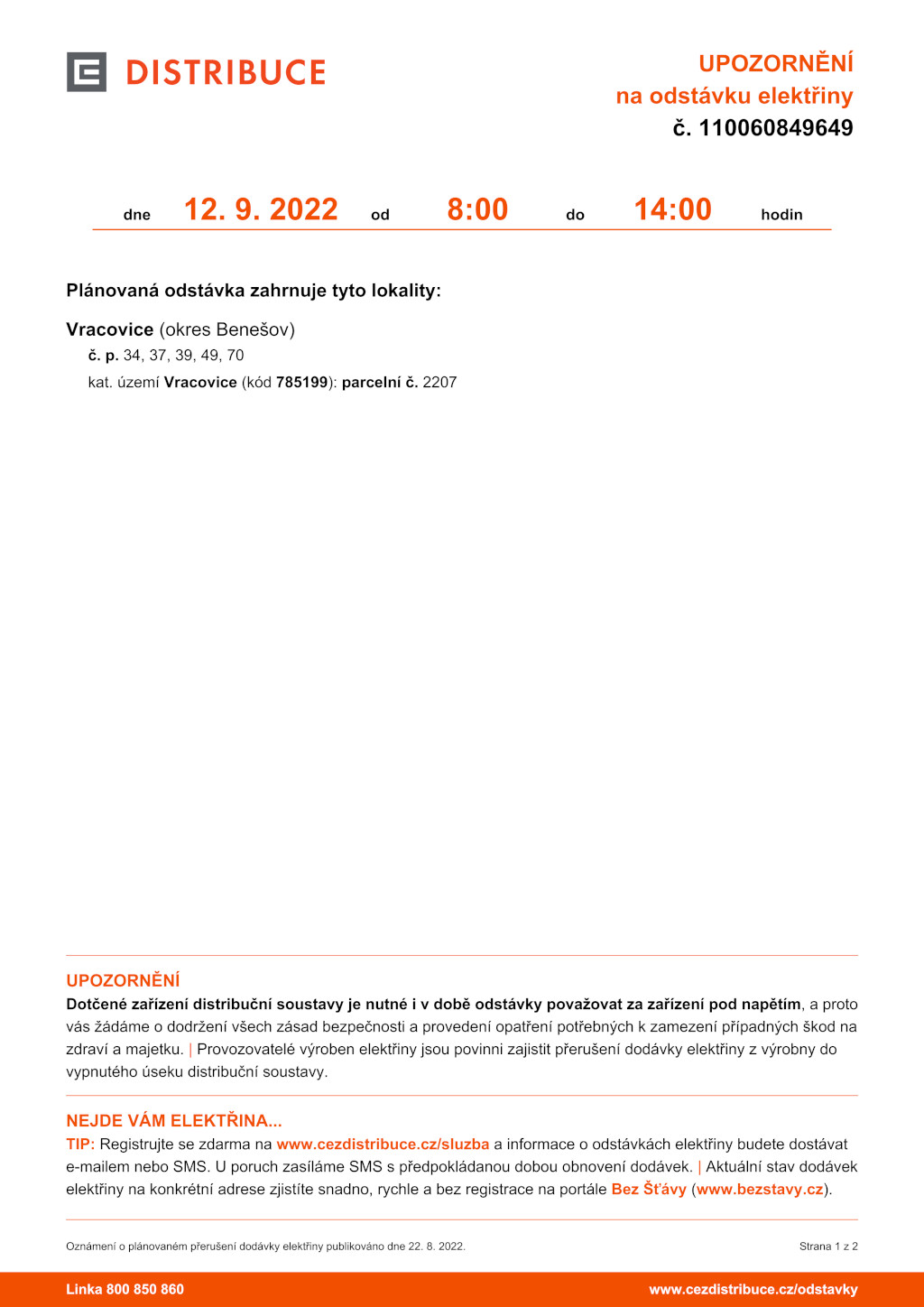 Odstávka elektřiny dne 12. září 2022 v Částrovicích
