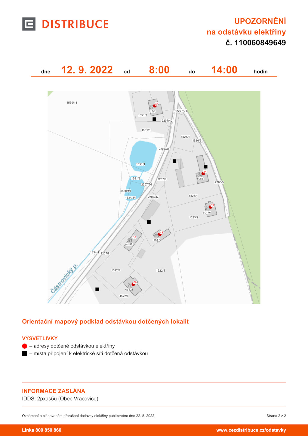 Odstávka elektřiny dne 12. září 2022 v Částrovicích